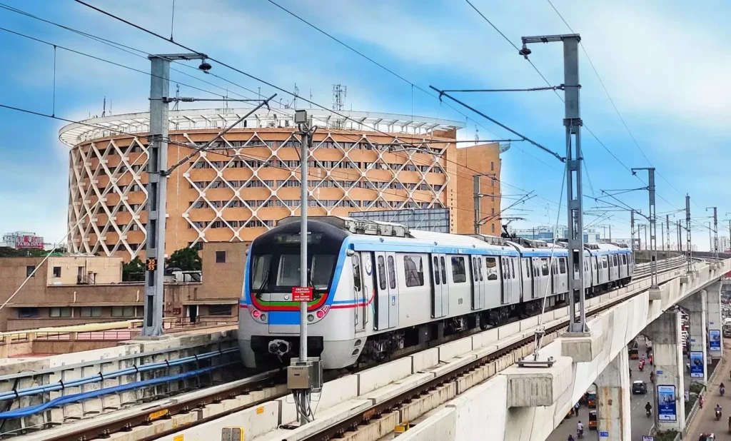 Hyderabad Metro train with city skyline